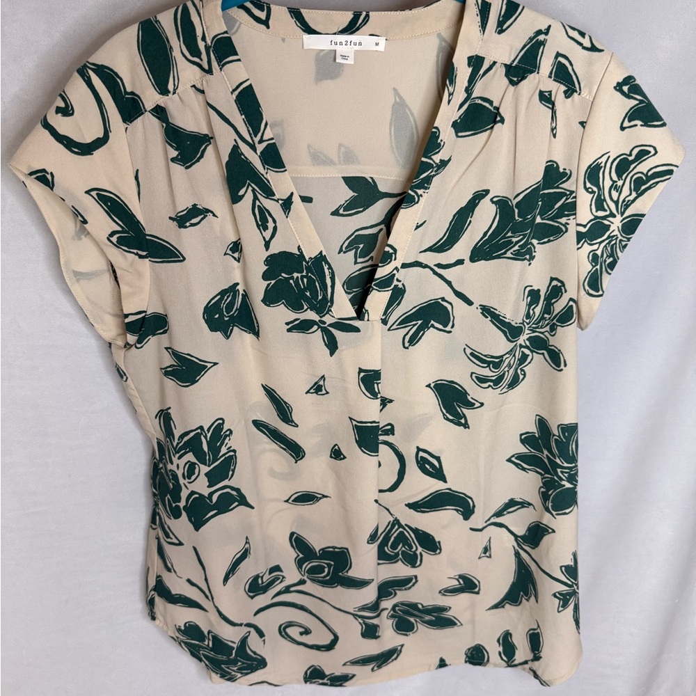 fun 2 fun Cream Blouse with Dark Green Floral Print